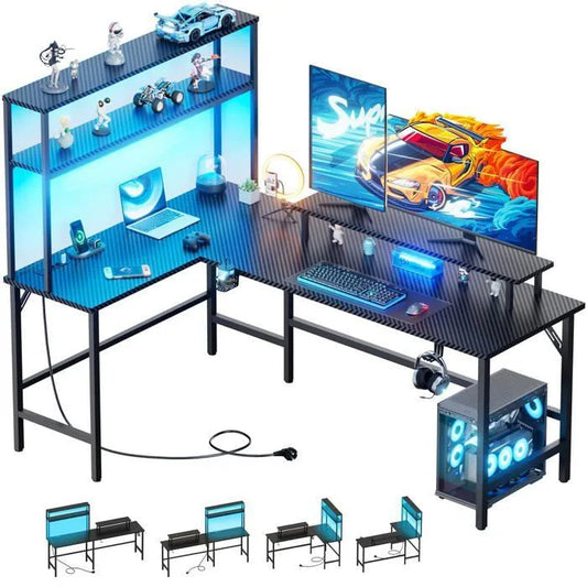 HLONONE Bureau Gaming LED 170 x 100 cm, Bureau d'angle avec Rangement, Prise Intégrée & Port USB, Etagere en Hauteur, Noir